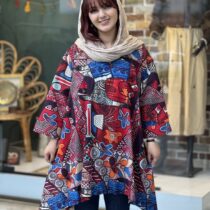مانتو جلوبسته هنری طرح چند تیکه آبی زرشکی