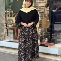 پیراهن شایسته مشکی طرح گل ریز زرد