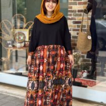 پیراهن شایسته مشکی طرح شلوغ نارنجی