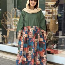 پیراهن شایسته سبز طرح تیکه ای آبی کالباسی