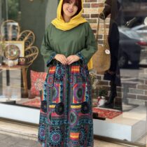 پیراهن شایسته سبز طرحدار گرد آبی