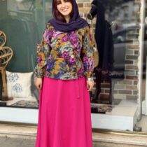 شومیز دامن صدف سرخابی و حنایی گل بنفش
