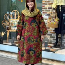 پیراهن گیلدا عنابی گل سبز حنایی