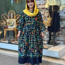 پیراهن نرگس مشکی سورمه ای خط زرد